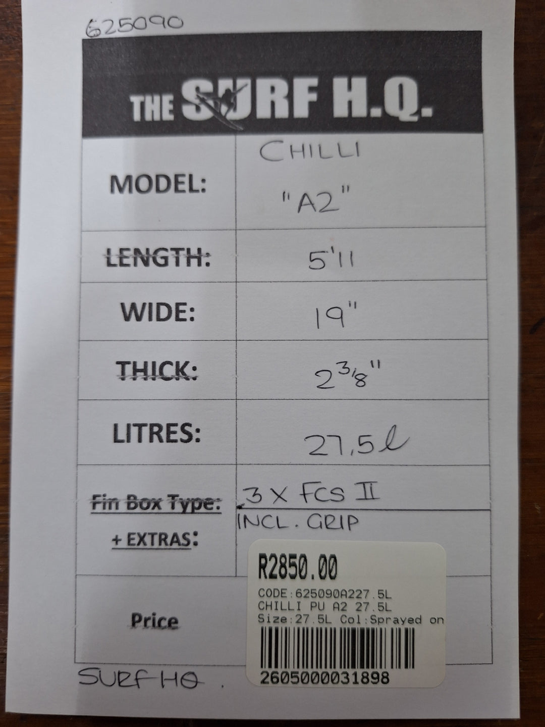 CHILLI PU A2 5'11 X 19" X 2 3/8" = 27.5L