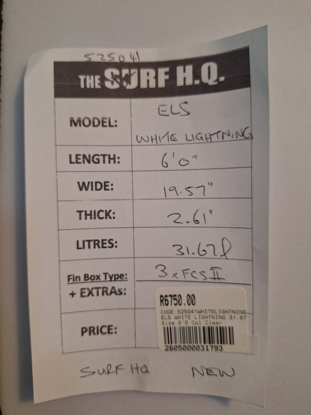 ELS PU WHITE LIGHTNING 6'0 x 19.57" x 2.61" = 31.67L